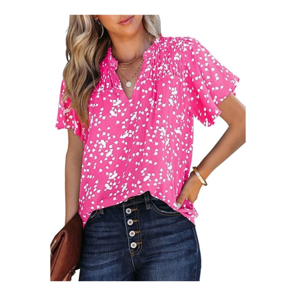 Casual V-Neck Floral Print Smocked Short Sleeve Chiffon Blouses Bohemian Top,
